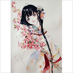 水彩作品女人与樱花